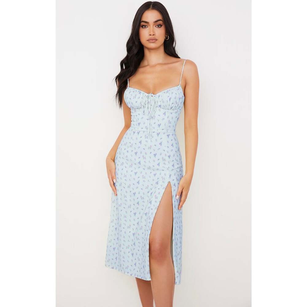 House of CB Carina Blue Floral Bustier Midi Dress Size Small S EUC